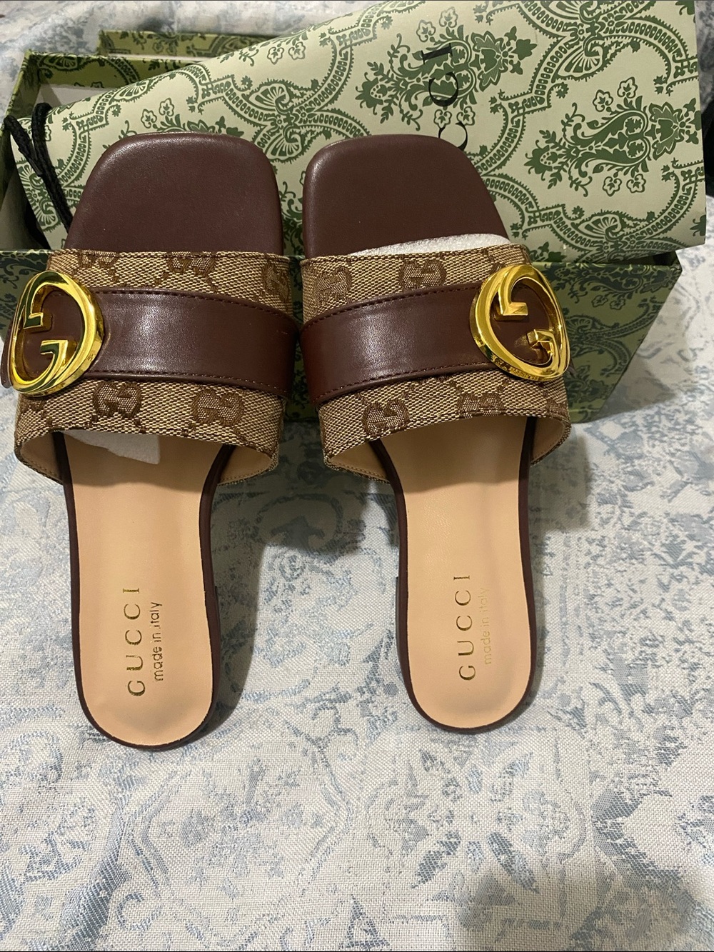 Gucci Brown GG Canvas & Leather Slide Mules with Gold Double G - Picture 2 of 12